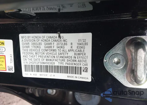 2022 Honda Civic Sport из США, поврежденный, VIN 2HGFE2F58NH563828